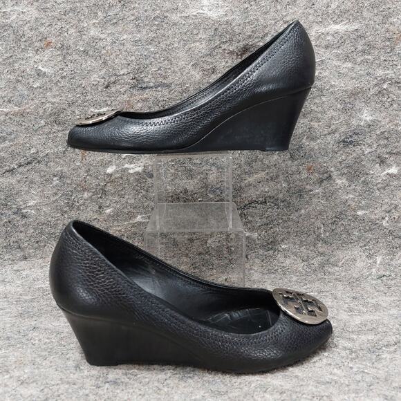 Tory Burch Selma Open Toe Wedge Women's Size 9.5 Black Leather Slip-On Designer - Picture 1 of 9